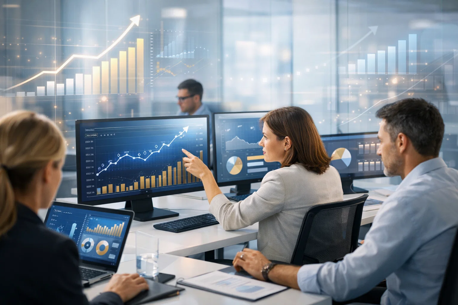 B2B financial SEO team analyzing organic performance metrics and growth charts on digital dashboards.