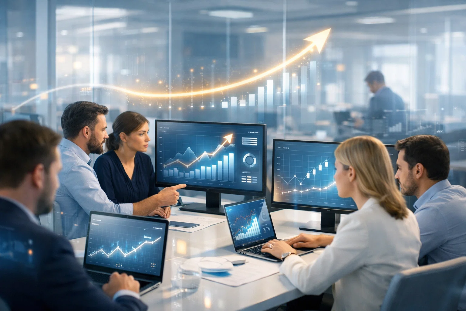 SEO agency team reviewing organic growth performance and SEO metrics on analytics dashboards.