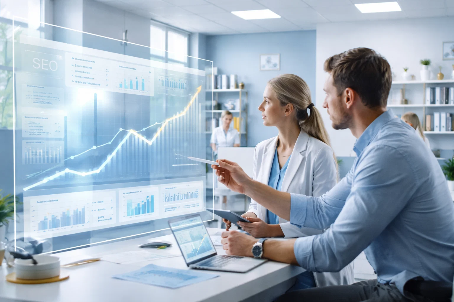 Healthcare professionals analyzing SEO data trends and performance graphs in a modern office.