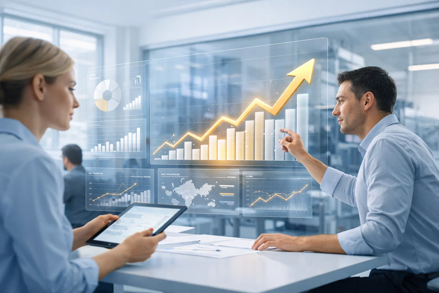 Office professionals reviewing business growth charts and data analysis in a modern office.