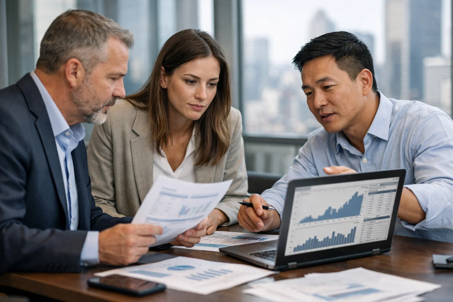 Ad tech investment analysis team reviewing performance charts in an office.